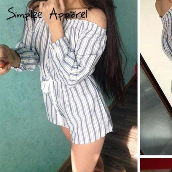 ⤵️🆕 Simplee Sexy off shoulder blue striped jumpsuit - Picture 5 of 10